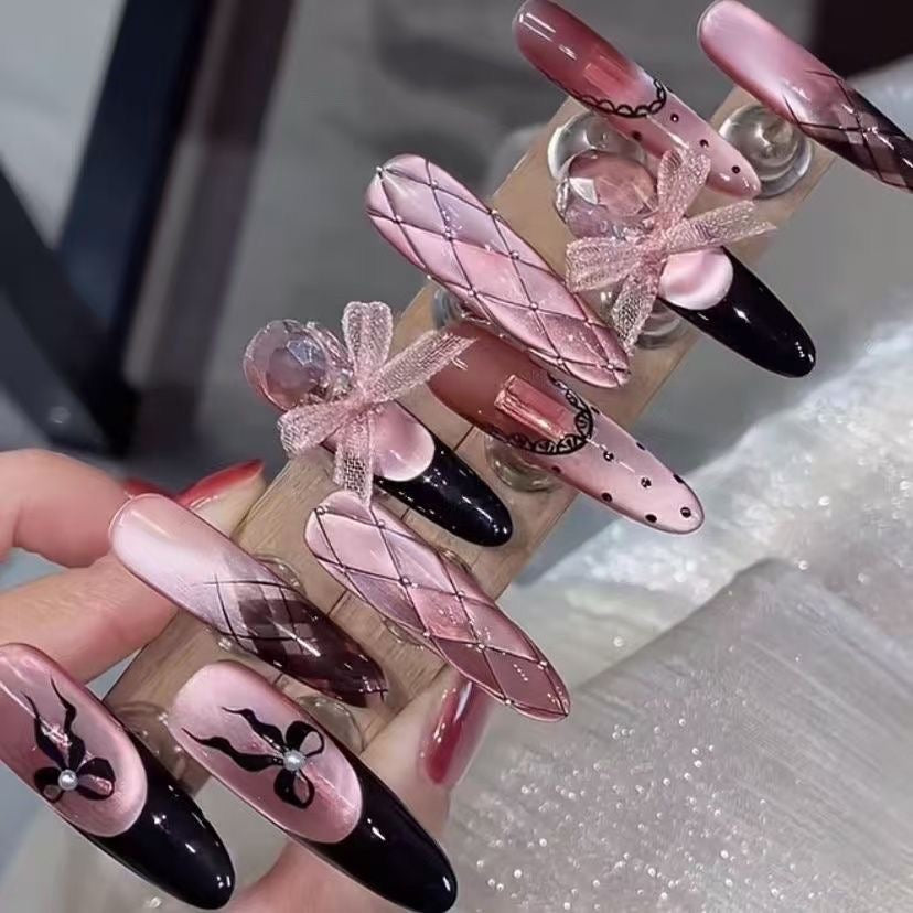 Taoyuan Yanyu pure handmade wear nails long French rhombus bow sweet hot girl whitening advanced nail art