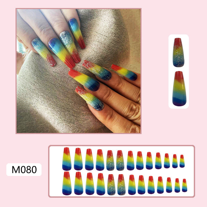 Long Rainbow Glitter Press-On Nails Colorful Sparkle Acrylic Nail Art for a Glamorous, Trendy Look in European & American Style