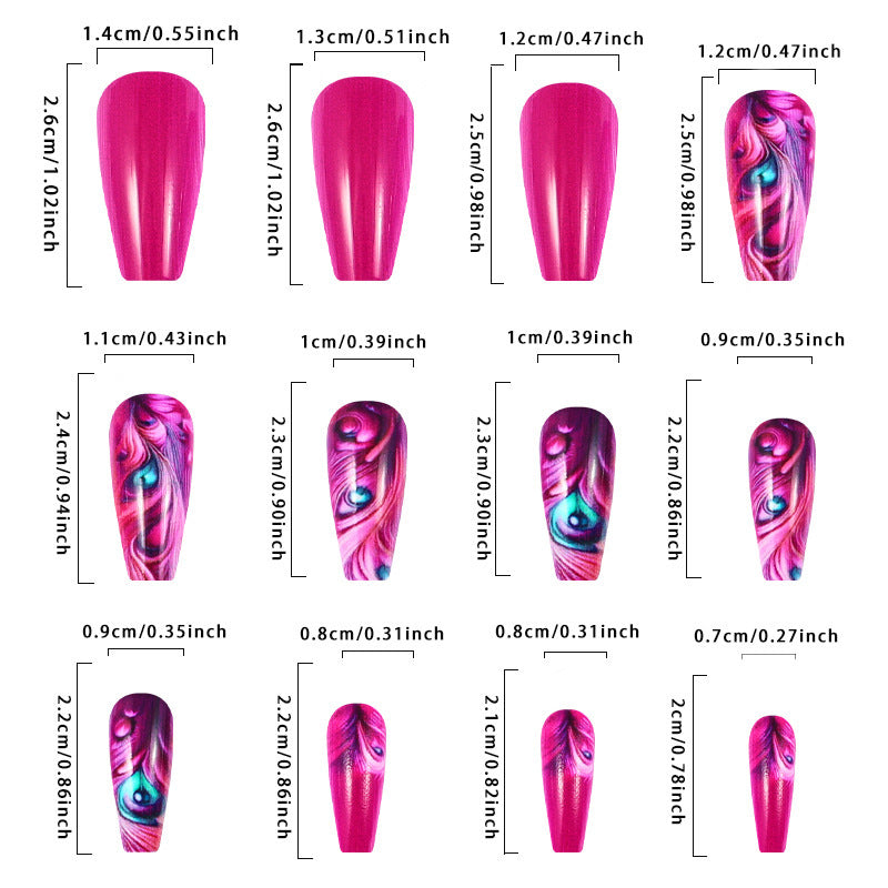 Trendy European & American Press-On Nails INS-Style Mid-Length Magenta Peacock Feather Acrylics Vintage Nail Art Stickers
