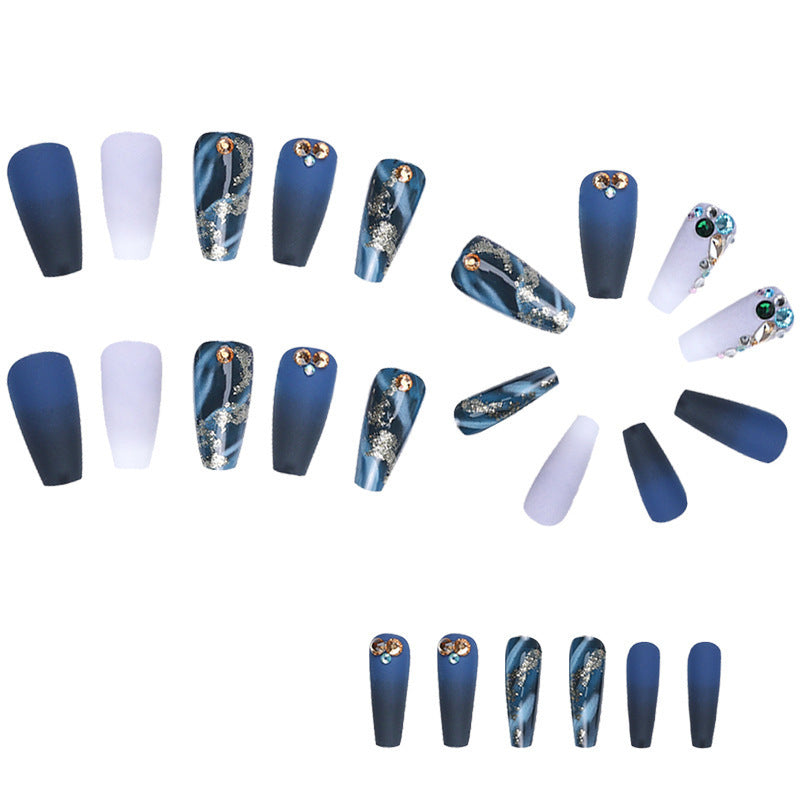 Luxury Ombre Press-On Nails Mid-Length Deep Blue Rhinestone Acrylics with Gold Foil & Glitter False Nail Art Stickers European American Style