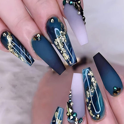 Luxury Ombre Press-On Nails Mid-Length Deep Blue Rhinestone Acrylics with Gold Foil & Glitter False Nail Art Stickers European American Style