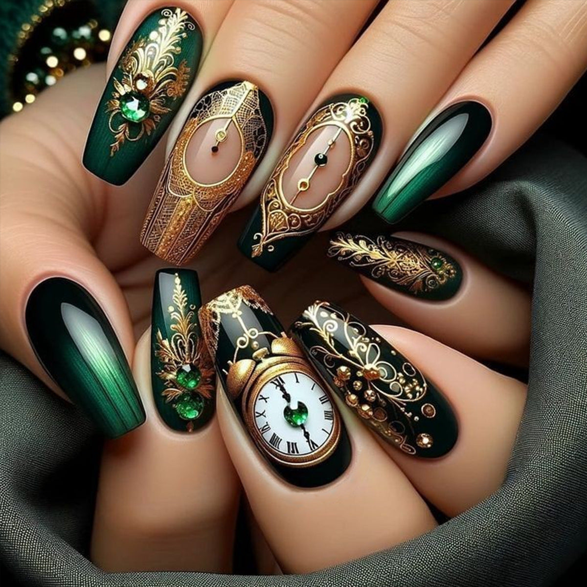 Rhinestone Black Clock Press-On Nails European American Vintage INS Style Removable Acrylic False Nail Art Stickers