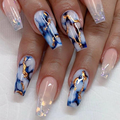 European American Bling Blue Marble Mid-Length Press-On Nails Nail Stickers False Nails INS Style