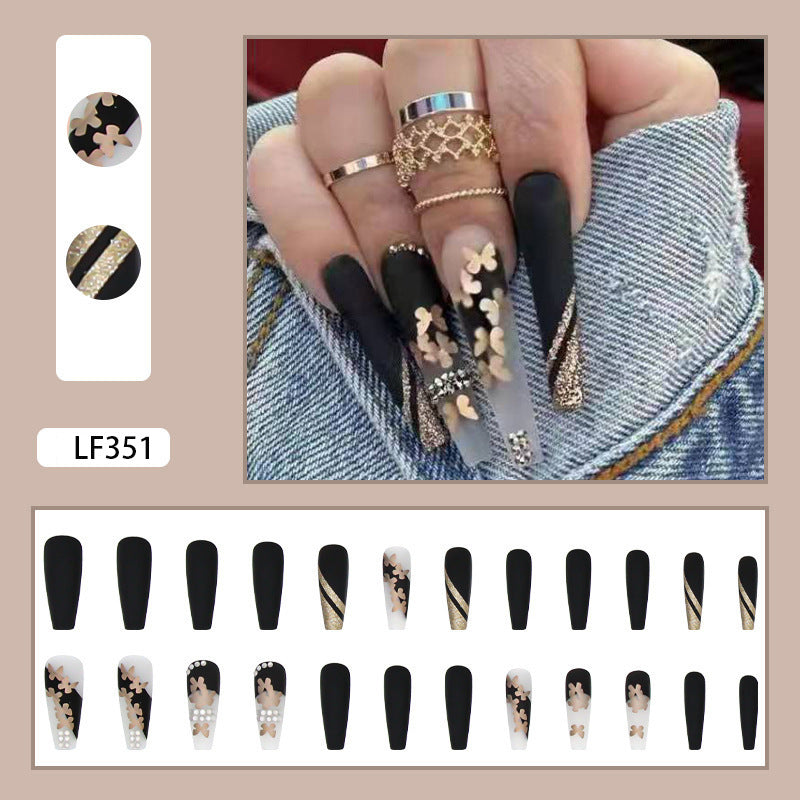 Long Gold Butterfly Press-On Nails /Pre-Made Rhinestone Acrylics / Elegant Press-On Nail Art /Glamourous False Nails for Stylish Look