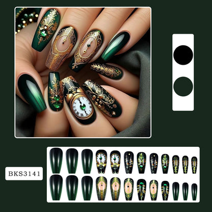 Rhinestone Black Clock Press-On Nails European American Vintage INS Style Removable Acrylic False Nail Art Stickers
