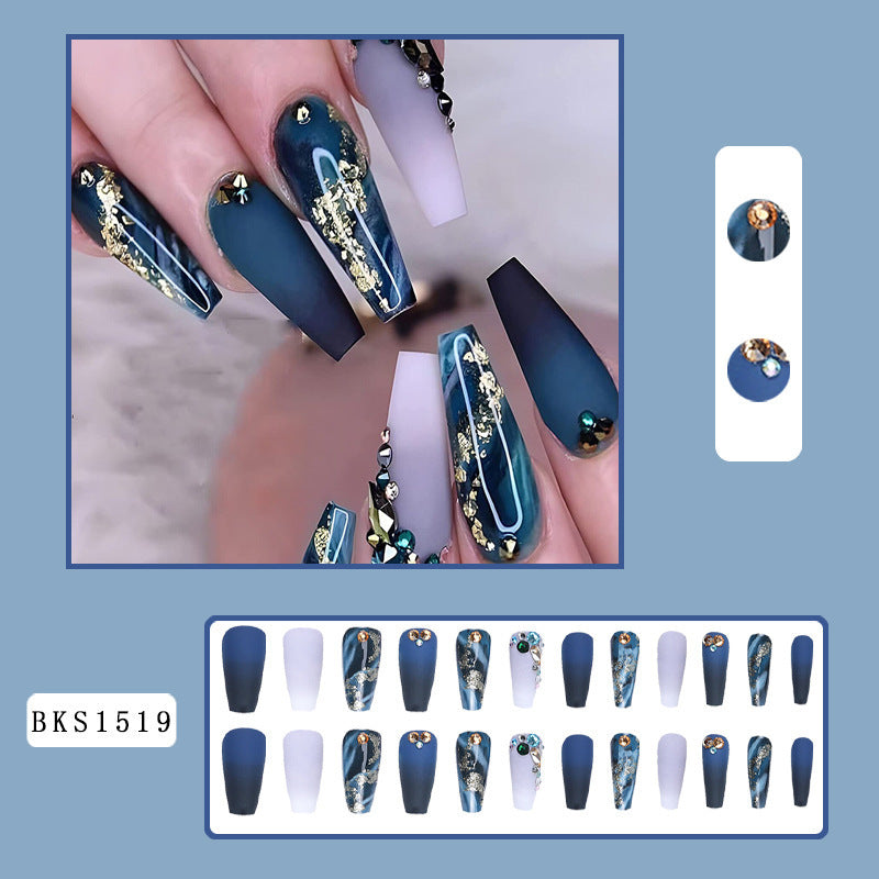 Luxury Ombre Press-On Nails Mid-Length Deep Blue Rhinestone Acrylics with Gold Foil & Glitter False Nail Art Stickers European American Style