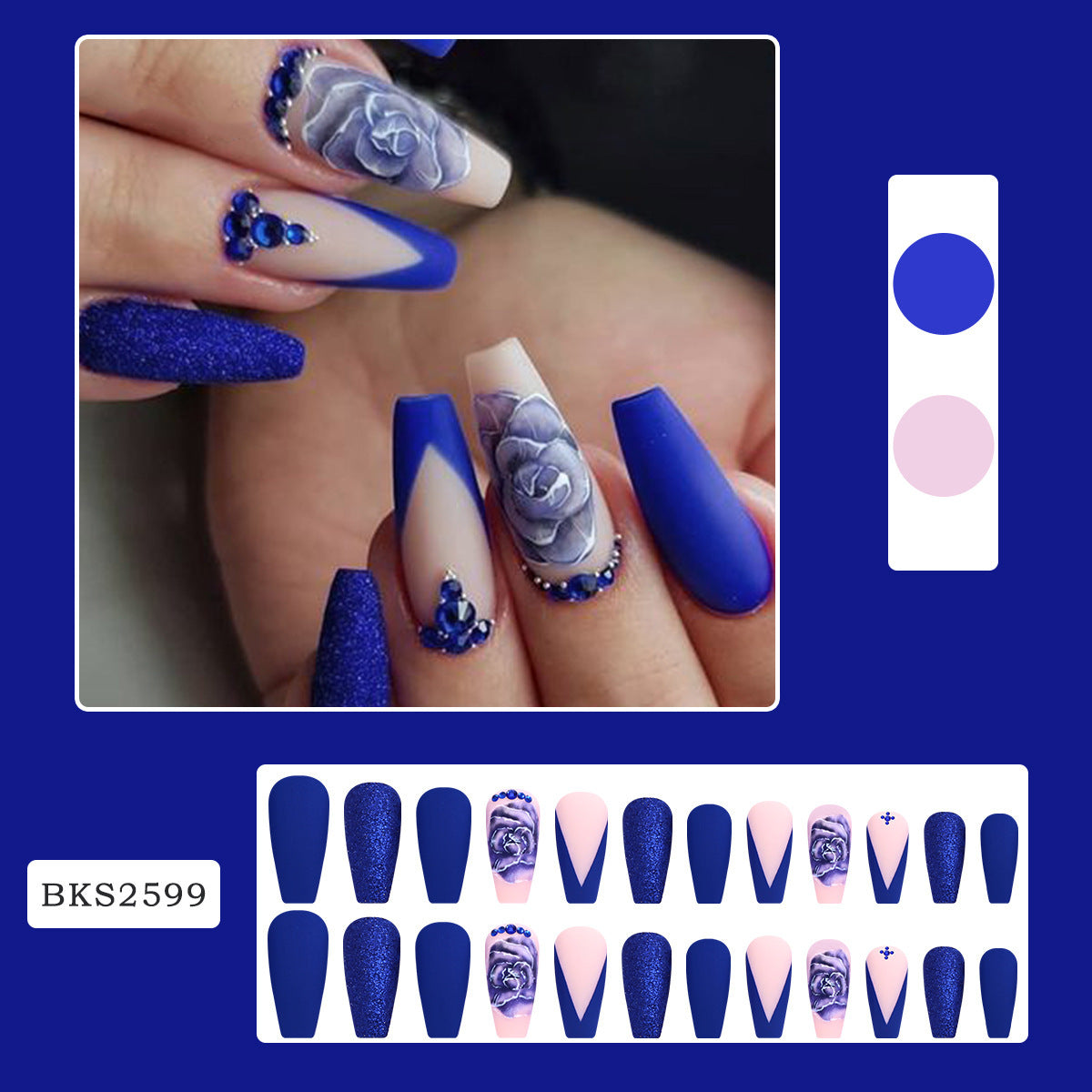 European American Press-On Nails Mid-Length Blue Flower Rhinestone Acrylics Matte French Tip Nail Art Stickers