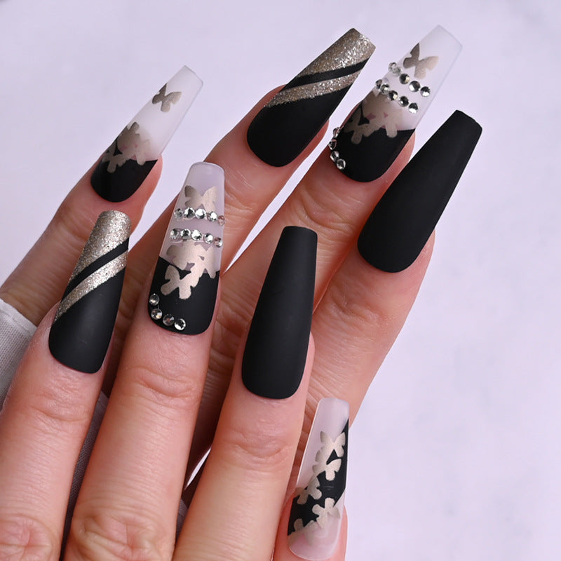 Long Gold Butterfly Press-On Nails /Pre-Made Rhinestone Acrylics / Elegant Press-On Nail Art /Glamourous False Nails for Stylish Look