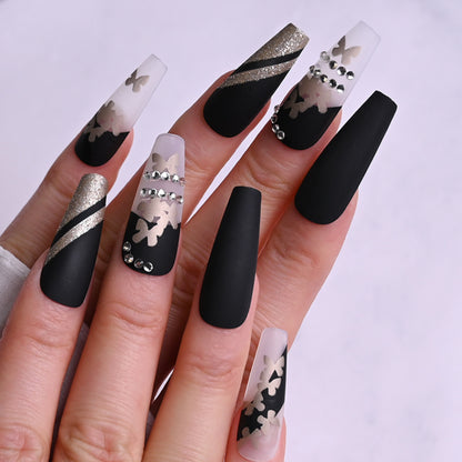 Long Gold Butterfly Press-On Nails /Pre-Made Rhinestone Acrylics / Elegant Press-On Nail Art /Glamourous False Nails for Stylish Look