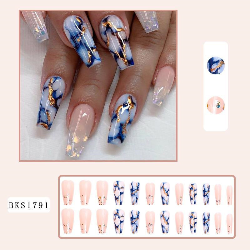 European American Bling Blue Marble Mid-Length Press-On Nails Nail Stickers False Nails INS Style