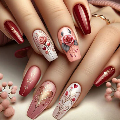 INS-Style Press-On Nails  Romantic Rose Flower Acrylics  Valentine’s Day False Nails  Trendy European & American Nail Art