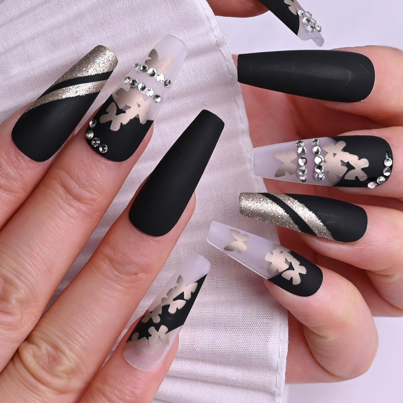 Long Gold Butterfly Press-On Nails /Pre-Made Rhinestone Acrylics / Elegant Press-On Nail Art /Glamourous False Nails for Stylish Look