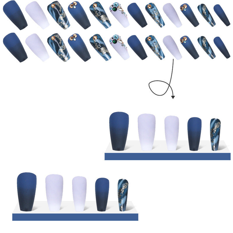 Luxury Ombre Press-On Nails Mid-Length Deep Blue Rhinestone Acrylics with Gold Foil & Glitter False Nail Art Stickers European American Style