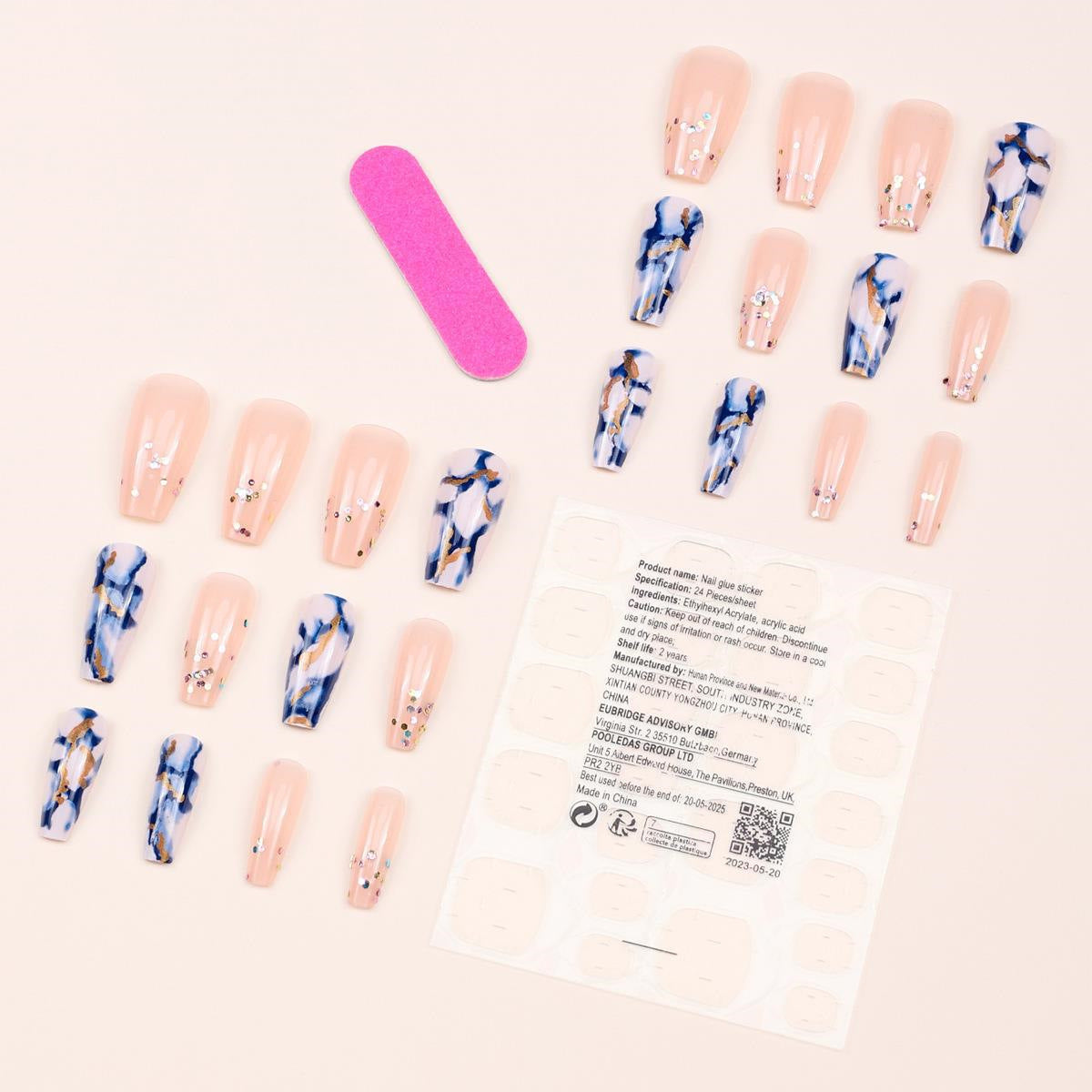 European American Bling Blue Marble Mid-Length Press-On Nails Nail Stickers False Nails INS Style