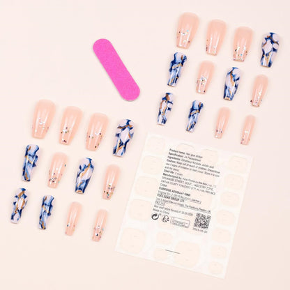 European American Bling Blue Marble Mid-Length Press-On Nails Nail Stickers False Nails INS Style