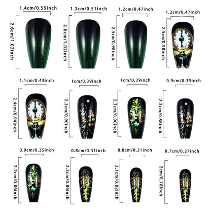 Rhinestone Black Clock Press-On Nails European American Vintage INS Style Removable Acrylic False Nail Art Stickers