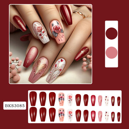 INS-Style Press-On Nails  Romantic Rose Flower Acrylics  Valentine’s Day False Nails  Trendy European & American Nail Art