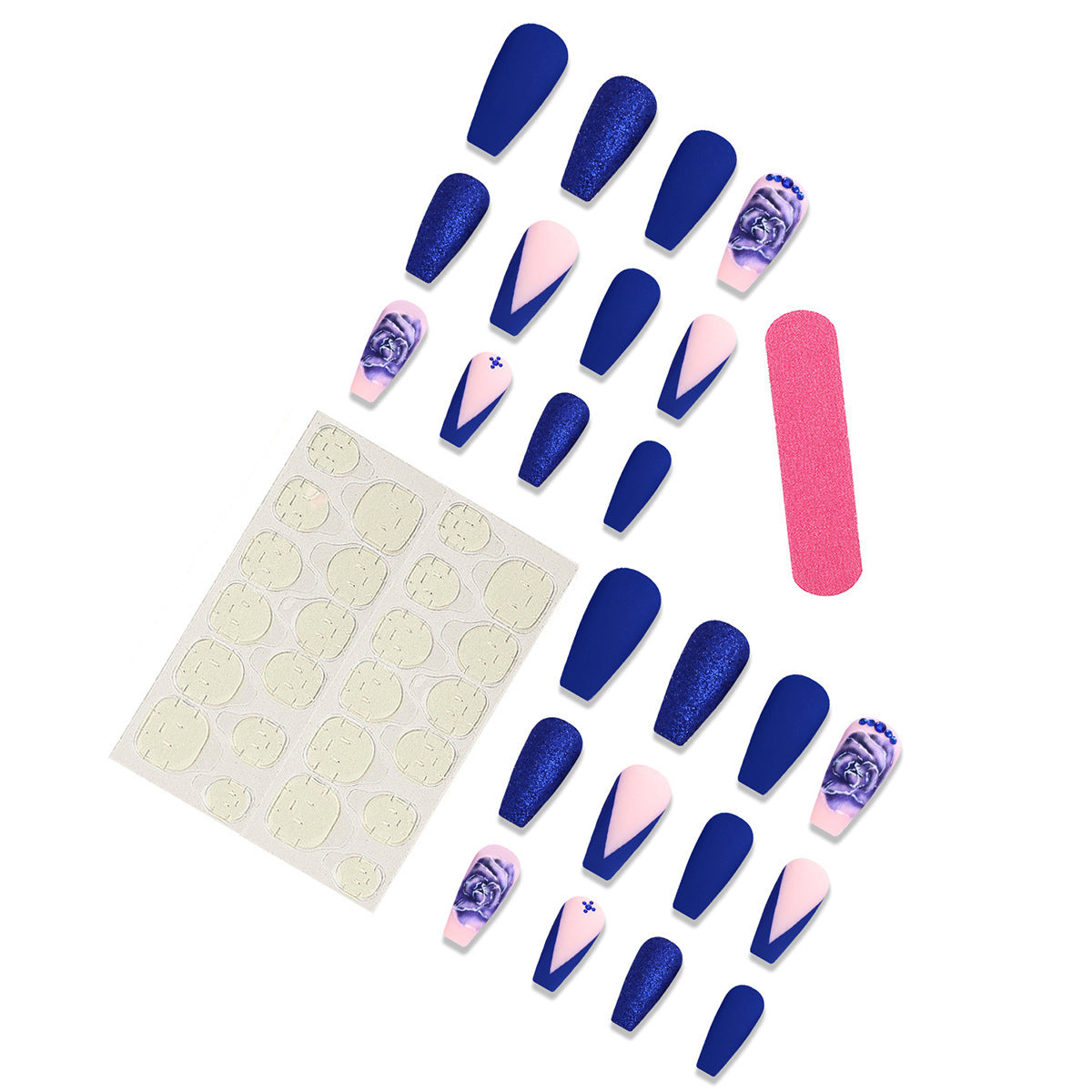 European American Press-On Nails Mid-Length Blue Flower Rhinestone Acrylics Matte French Tip Nail Art Stickers