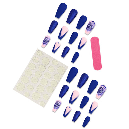 European American Press-On Nails Mid-Length Blue Flower Rhinestone Acrylics Matte French Tip Nail Art Stickers
