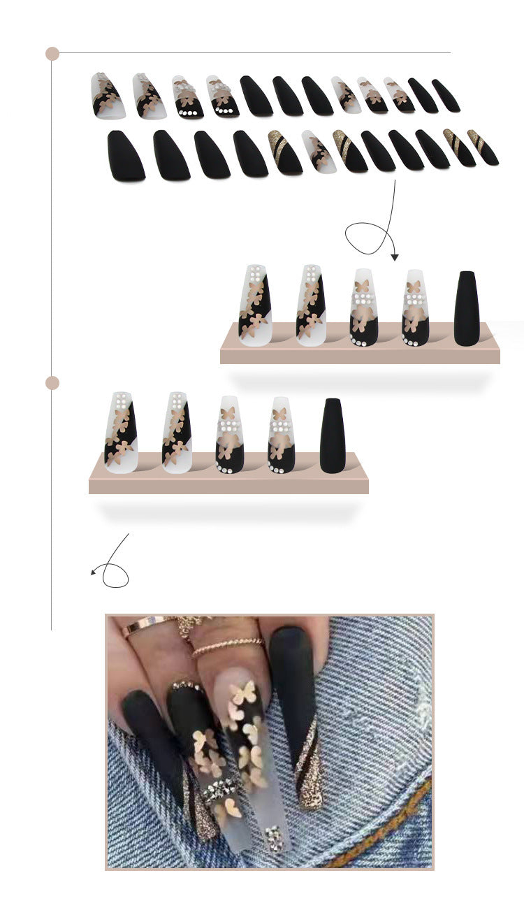 Long Gold Butterfly Press-On Nails /Pre-Made Rhinestone Acrylics / Elegant Press-On Nail Art /Glamourous False Nails for Stylish Look