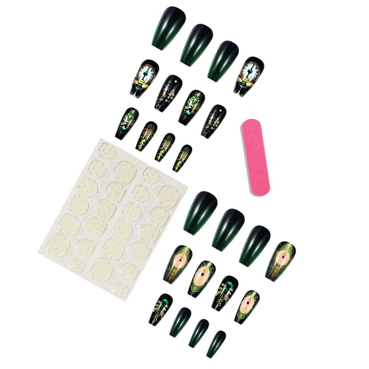 Rhinestone Black Clock Press-On Nails European American Vintage INS Style Removable Acrylic False Nail Art Stickers