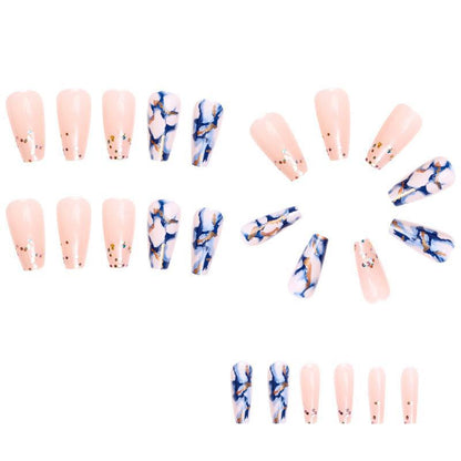 European American Bling Blue Marble Mid-Length Press-On Nails Nail Stickers False Nails INS Style