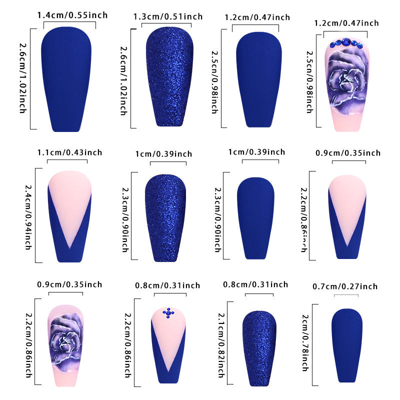 European American Press-On Nails Mid-Length Blue Flower Rhinestone Acrylics Matte French Tip Nail Art Stickers
