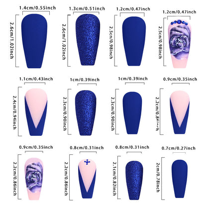 European American Press-On Nails Mid-Length Blue Flower Rhinestone Acrylics Matte French Tip Nail Art Stickers