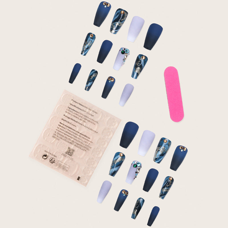 Luxury Ombre Press-On Nails Mid-Length Deep Blue Rhinestone Acrylics with Gold Foil & Glitter False Nail Art Stickers European American Style