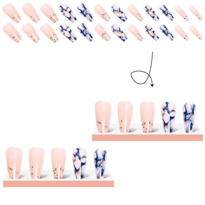 European American Bling Blue Marble Mid-Length Press-On Nails Nail Stickers False Nails INS Style