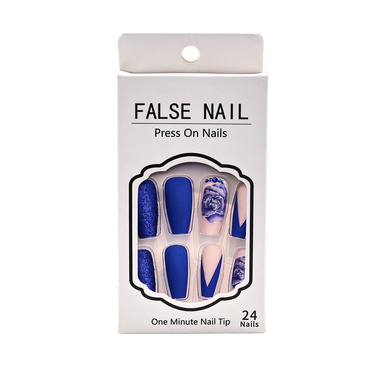 European American Press-On Nails Mid-Length Blue Flower Rhinestone Acrylics Matte French Tip Nail Art Stickers