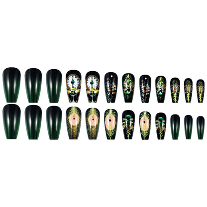 Rhinestone Black Clock Press-On Nails European American Vintage INS Style Removable Acrylic False Nail Art Stickers